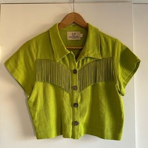 FASHION BRAND COMPANY GREEN LINEN FRINGE BLOUSE